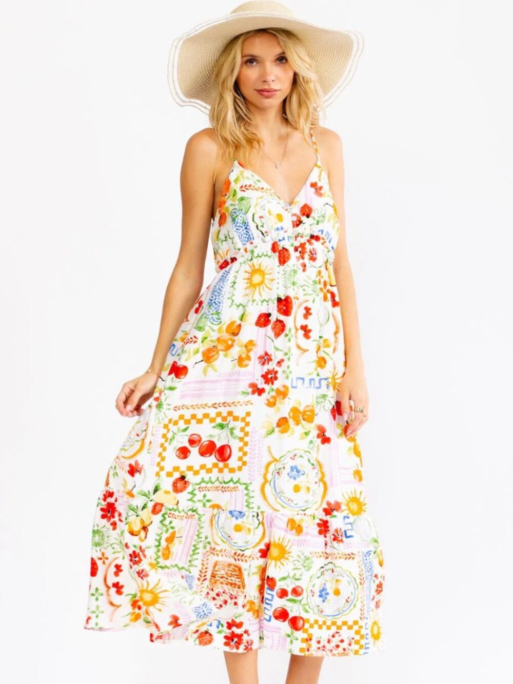 WOMEN'S BOHO V-NECK BUTTON UP ELASTIC WAIST Floral Patchwork Spaghetti Strap
